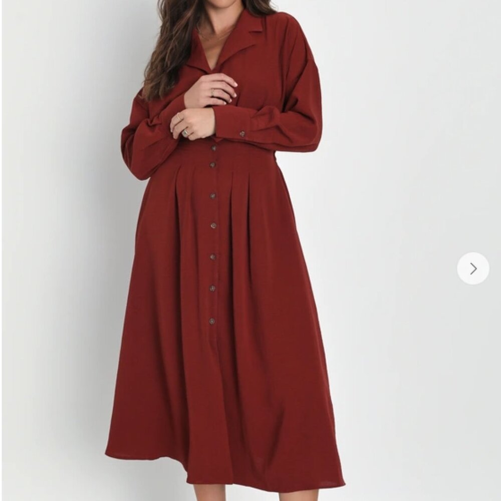 Rust Collared Button-Up Pleated Midi Dress - image 1